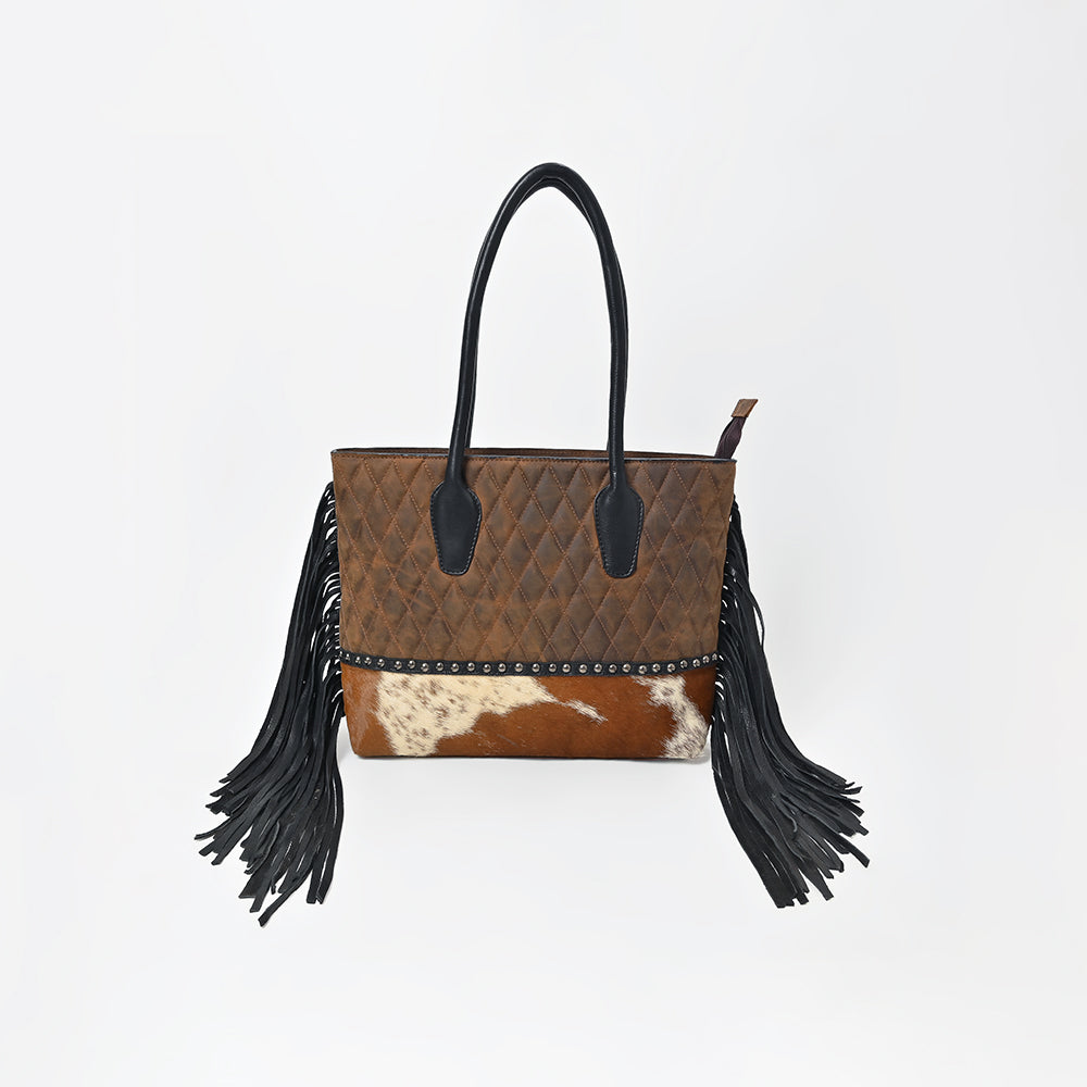 American Darling Western Quilted Leather Tote with Hair-On Panel & Fringe