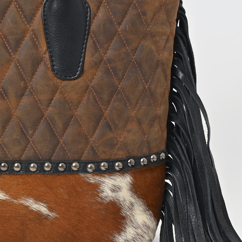 American Darling Western Quilted Leather Tote with Hair-On Panel & Fringe