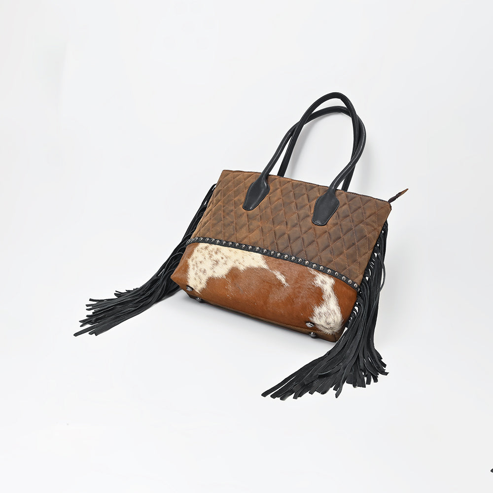American Darling Western Quilted Leather Tote with Hair-On Panel & Fringe