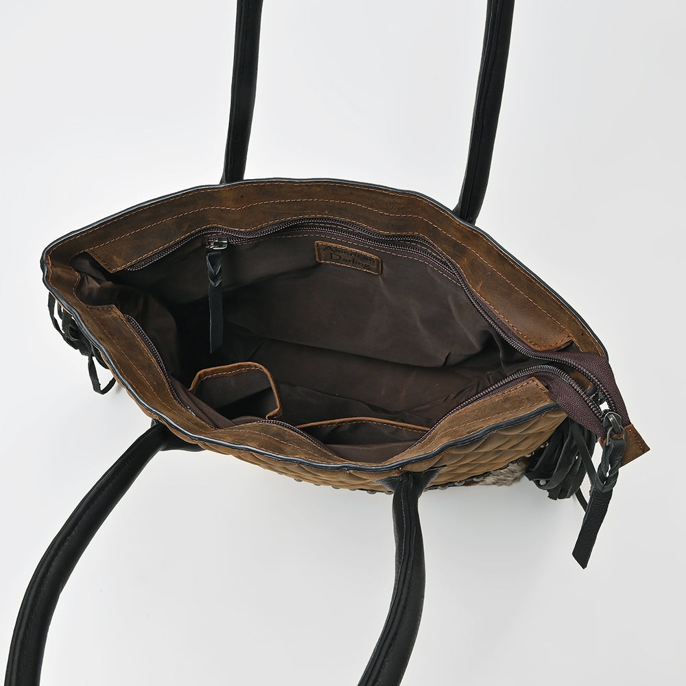 American Darling Western Quilted Leather Tote with Hair-On Panel & Fringe
