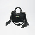 American Darling Black Hair-On Hide Fringe Handbag Studded Round Handle Crossbody Purse Women Genuine Leather Shoulder Tote