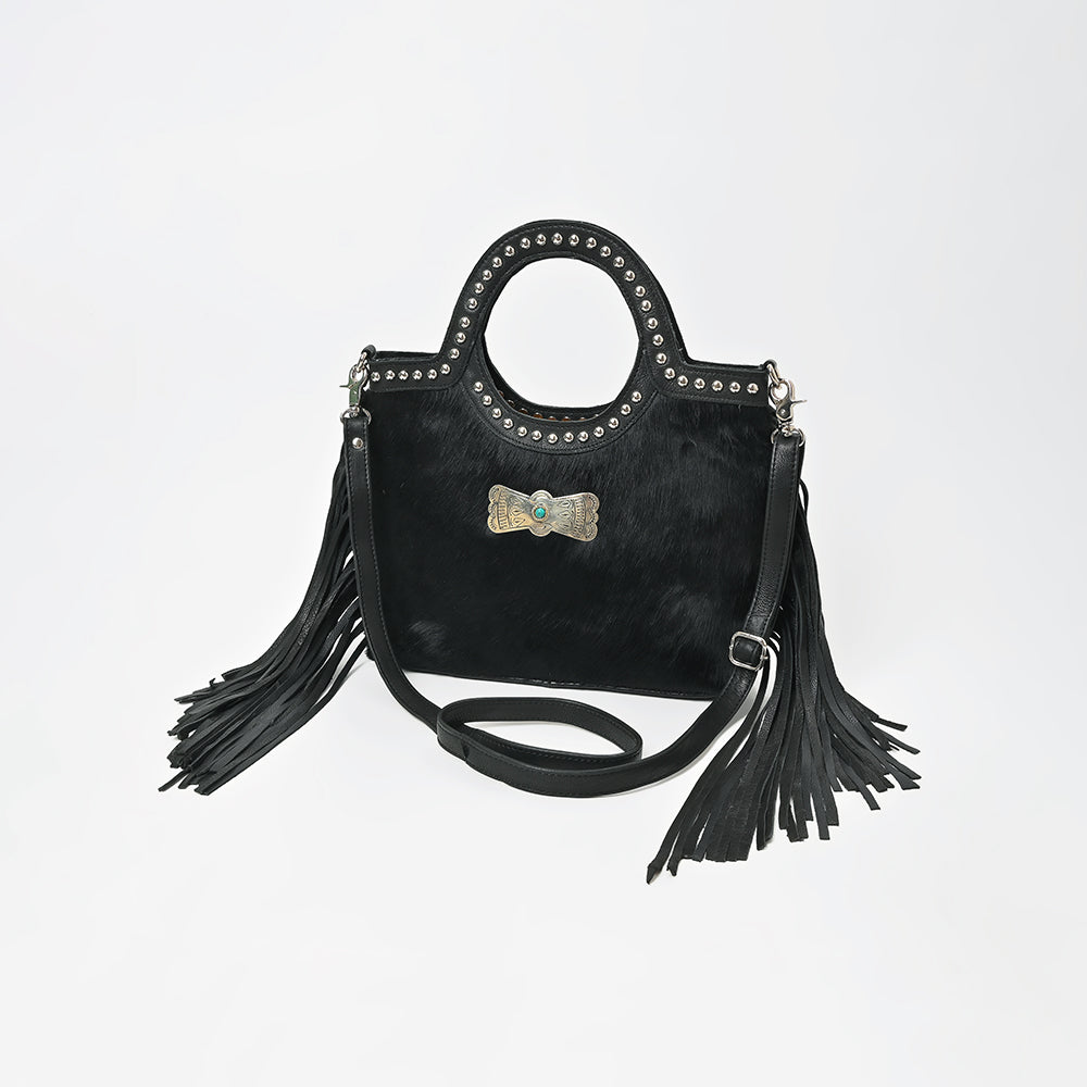 American Darling Black Hair-On Hide Fringe Handbag Studded Round Handle Crossbody Purse Women Genuine Leather Shoulder Tote
