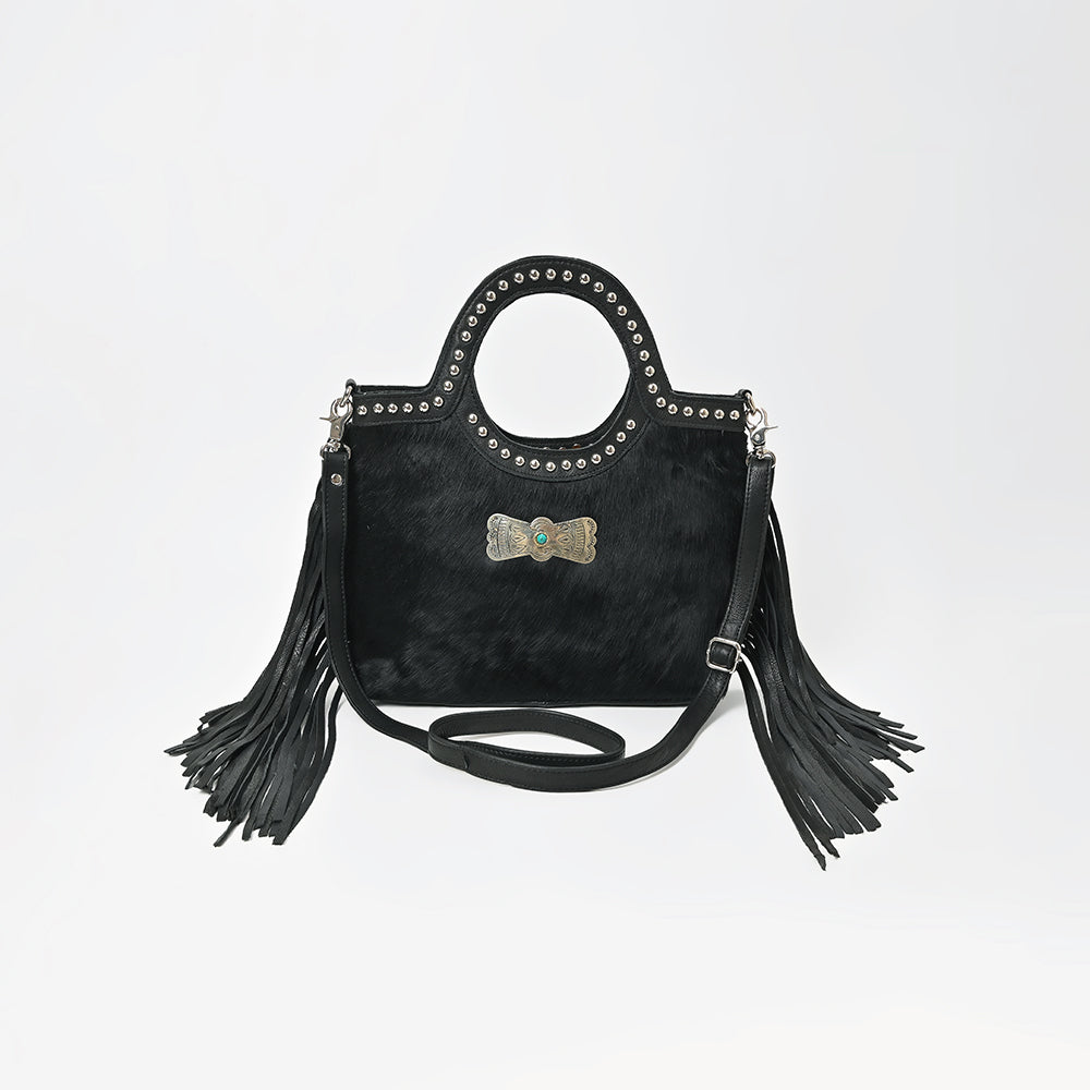 American Darling Black Hair-On Hide Fringe Handbag Studded Round Handle Crossbody Purse Women Genuine Leather Shoulder Tote