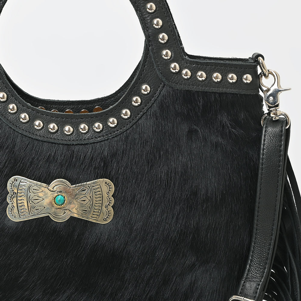 American Darling Black Hair-On Hide Fringe Handbag Studded Round Handle Crossbody Purse Women Genuine Leather Shoulder Tote
