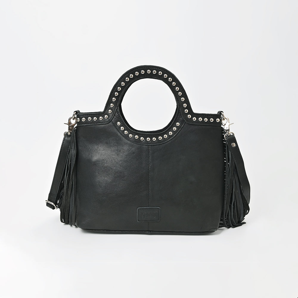 American Darling Black Hair-On Hide Fringe Handbag Studded Round Handle Crossbody Purse Women Genuine Leather Shoulder Tote