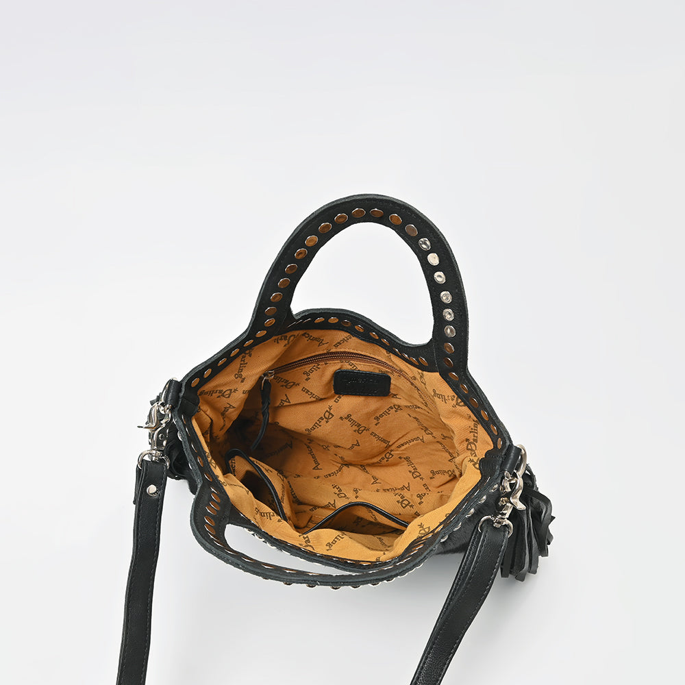 American Darling Black Hair-On Hide Fringe Handbag Studded Round Handle Crossbody Purse Women Genuine Leather Shoulder Tote