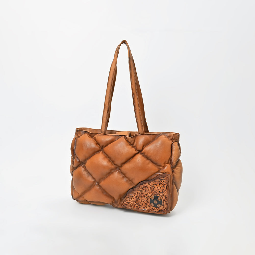 American Darling Quilted Leather Tote Bag for Women, Western Shoulder Purse with Floral Tooled Accent Tan