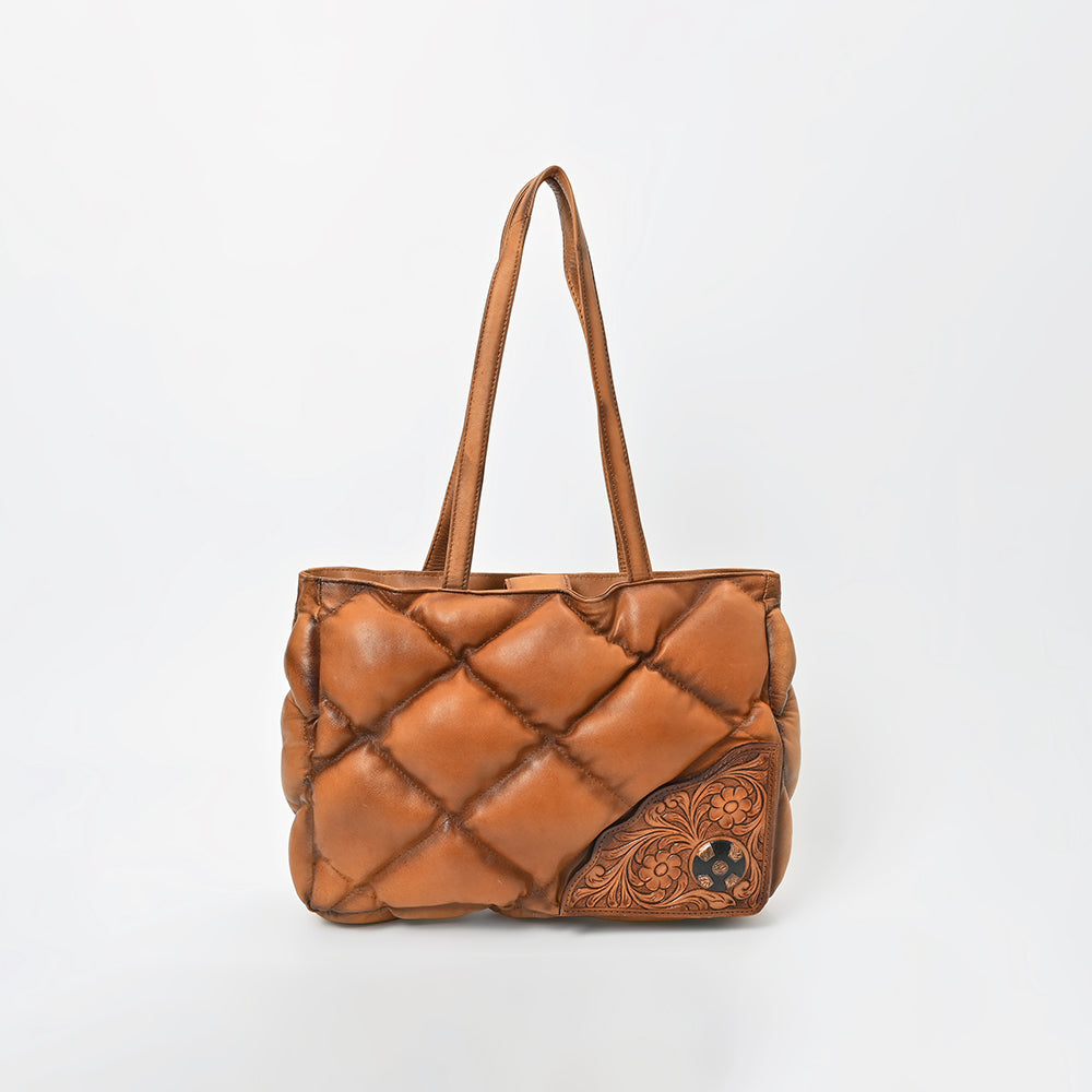American Darling Quilted Leather Tote Bag for Women, Western Shoulder Purse with Floral Tooled Accent Tan