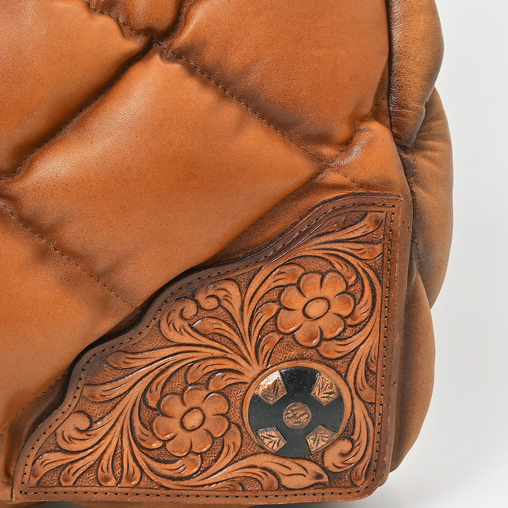 American Darling Quilted Leather Tote Bag for Women, Western Shoulder Purse with Floral Tooled Accent Tan