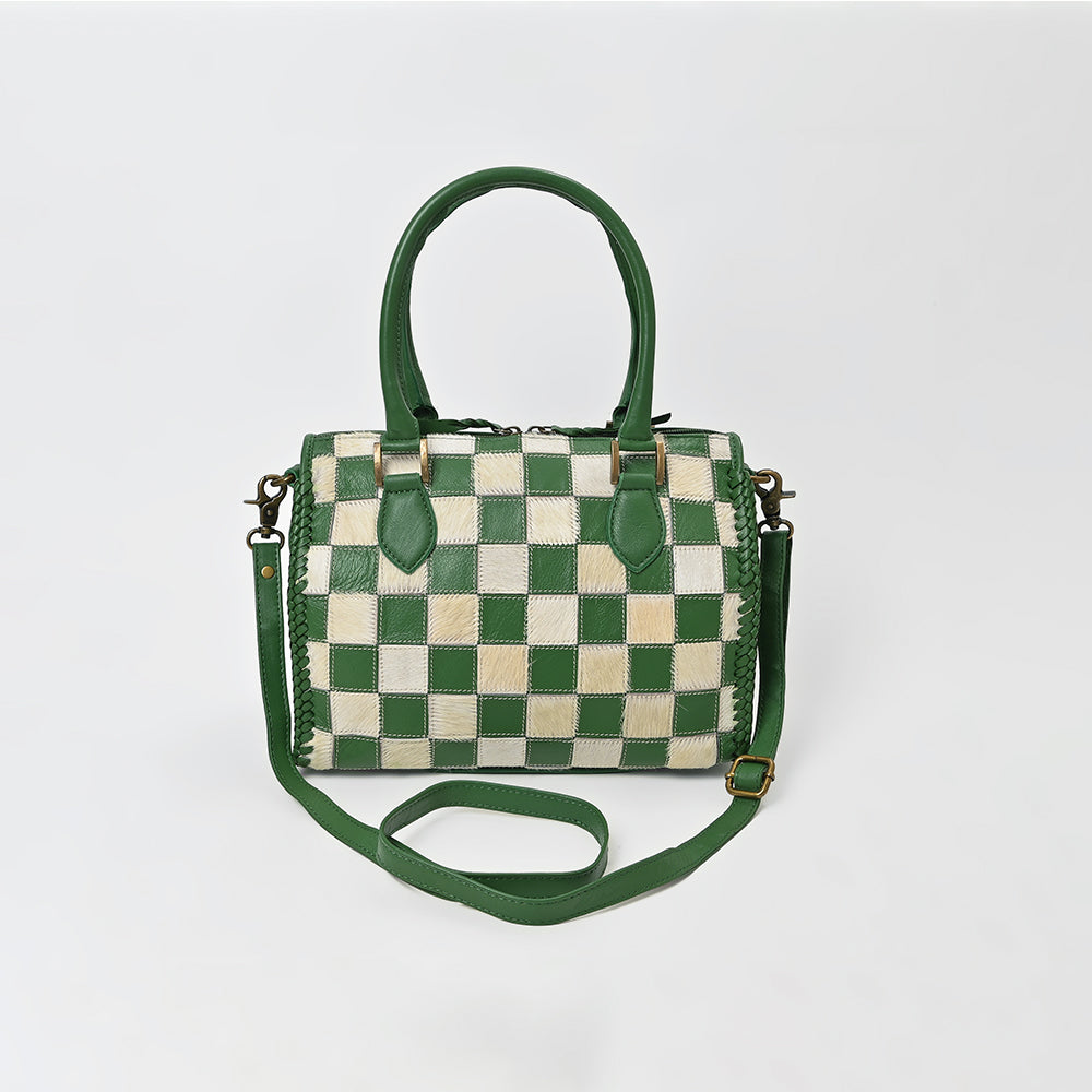 American Darling Hair-On Hide Satchel Bag for Women, Checkered Leather Handbag with Braided Crossbody Strap Black & Green