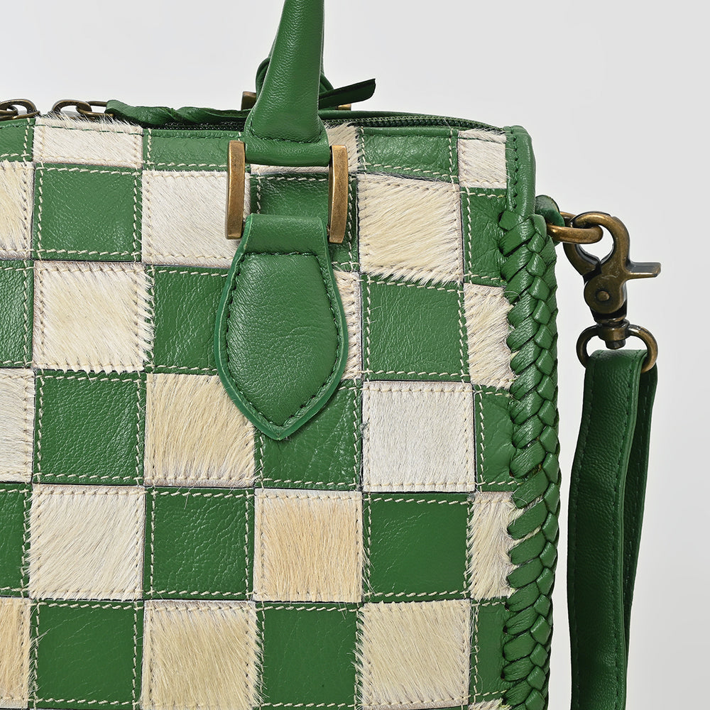 American Darling Hair-On Hide Satchel Bag for Women, Checkered Leather Handbag with Braided Crossbody Strap Black & Green