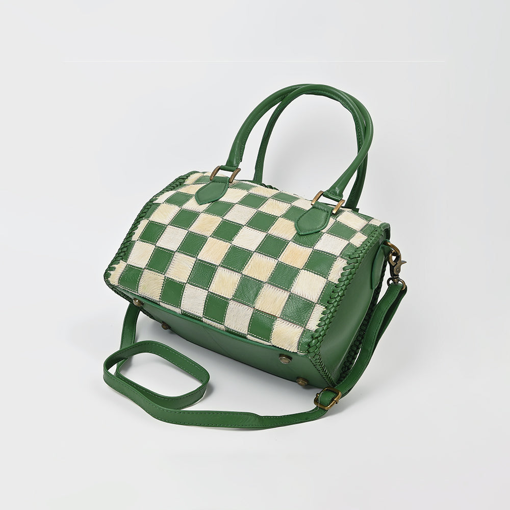American Darling Hair-On Hide Satchel Bag for Women, Checkered Leather Handbag with Braided Crossbody Strap Black & Green
