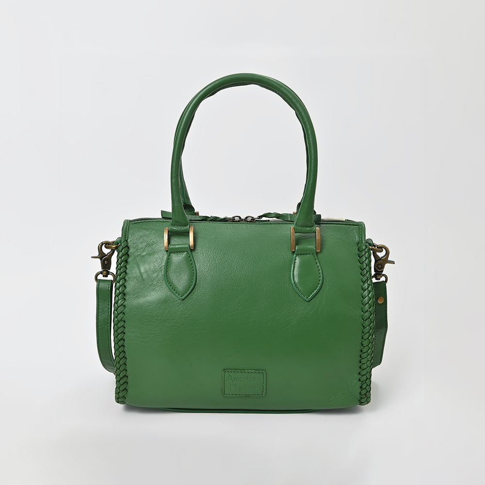 American Darling Hair-On Hide Satchel Bag for Women, Checkered Leather Handbag with Braided Crossbody Strap Black & Green