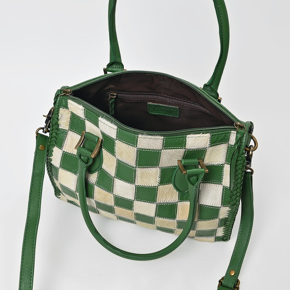 American Darling Hair-On Hide Satchel Bag for Women, Checkered Leather Handbag with Braided Crossbody Strap Black & Green