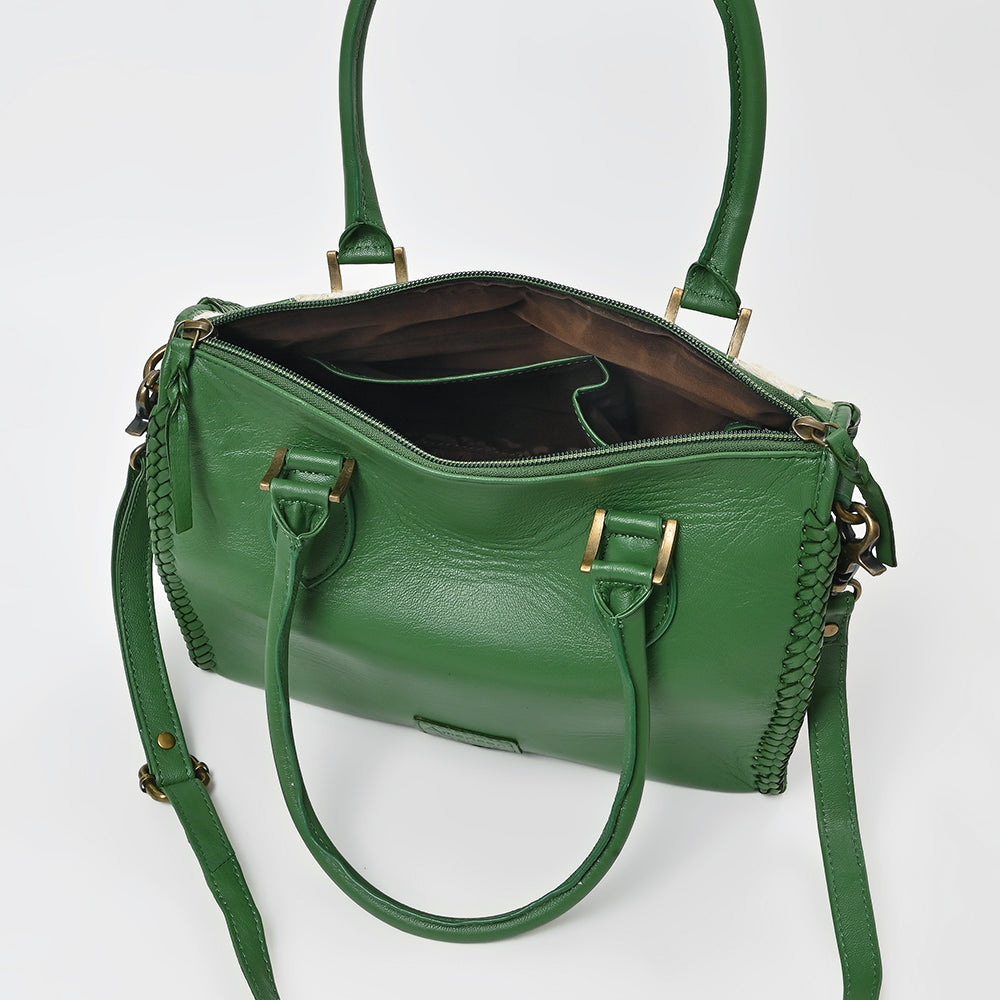 American Darling Hair-On Hide Satchel Bag for Women, Checkered Leather Handbag with Braided Crossbody Strap Black & Green