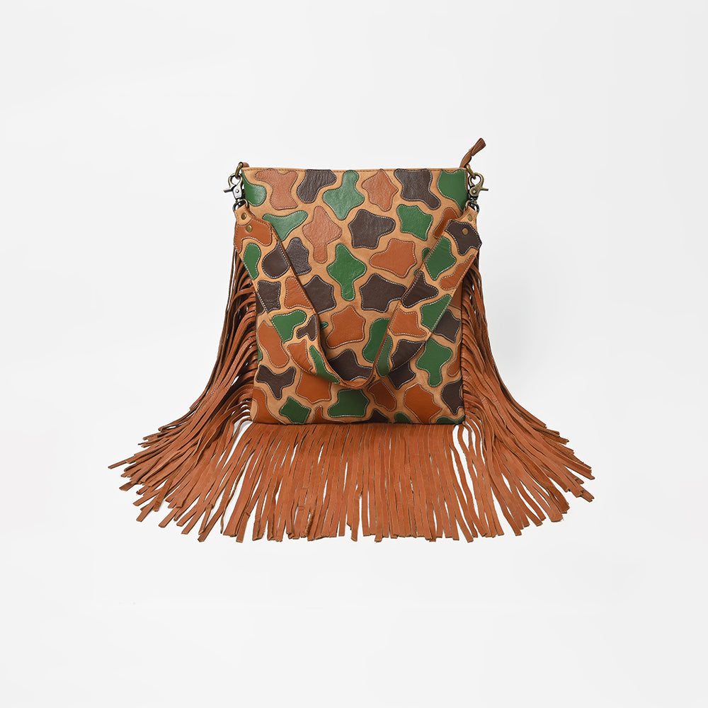 American Darling Western Leather Fringe Crossbody Bag Multicolor Camo Patchwork Satchel Shoulder Purse for Women