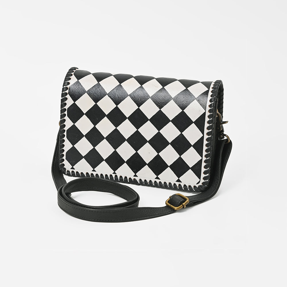 American Darling Western Leather Crossbody Bag Black White Checkered Basketweave Tooled Flap Messenger Purse for Women