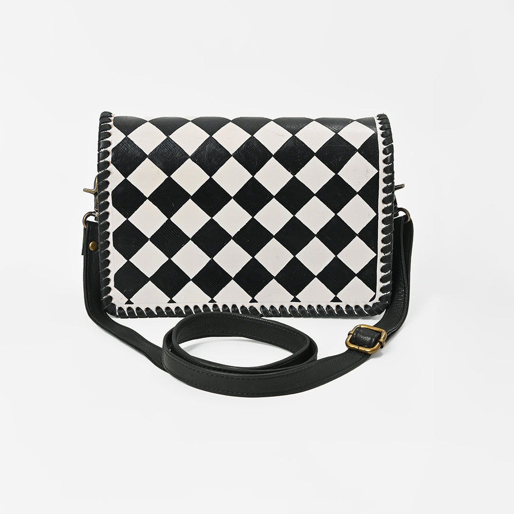 American Darling Western Leather Crossbody Bag Black White Checkered Basketweave Tooled Flap Messenger Purse for Women
