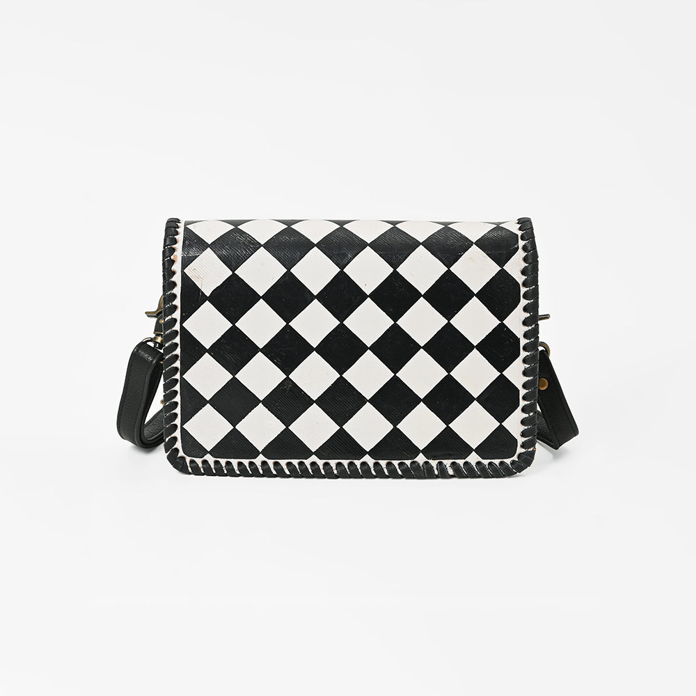 American Darling Western Leather Crossbody Bag Black White Checkered Basketweave Tooled Flap Messenger Purse for Women