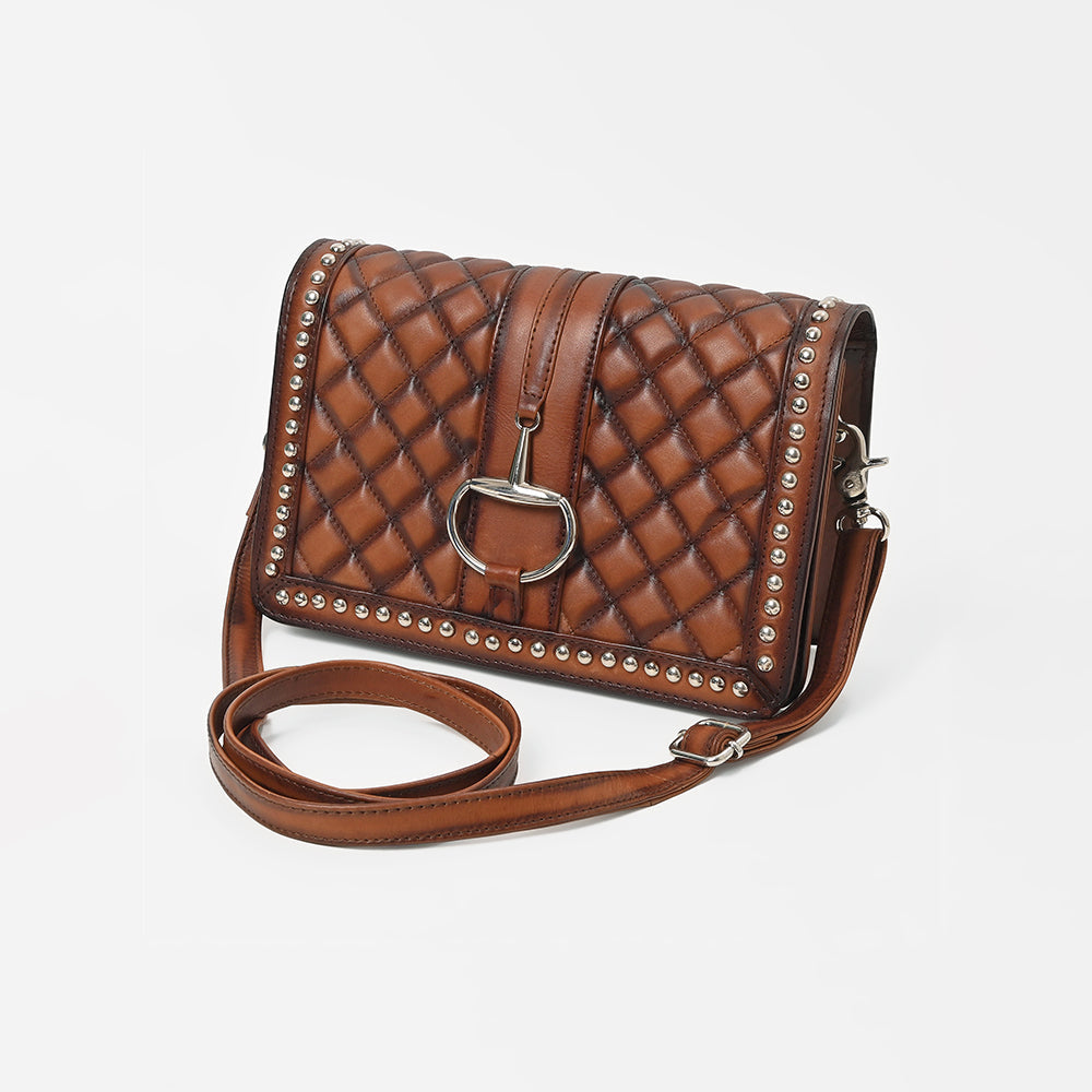 American Darling Quilted Leather Crossbody Bag for Women, Western Studded Shoulder Purse with Buckle Accent