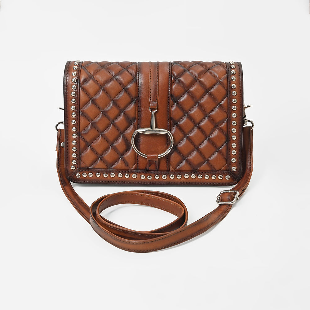 American Darling Quilted Leather Crossbody Bag for Women, Western Studded Shoulder Purse with Buckle Accent