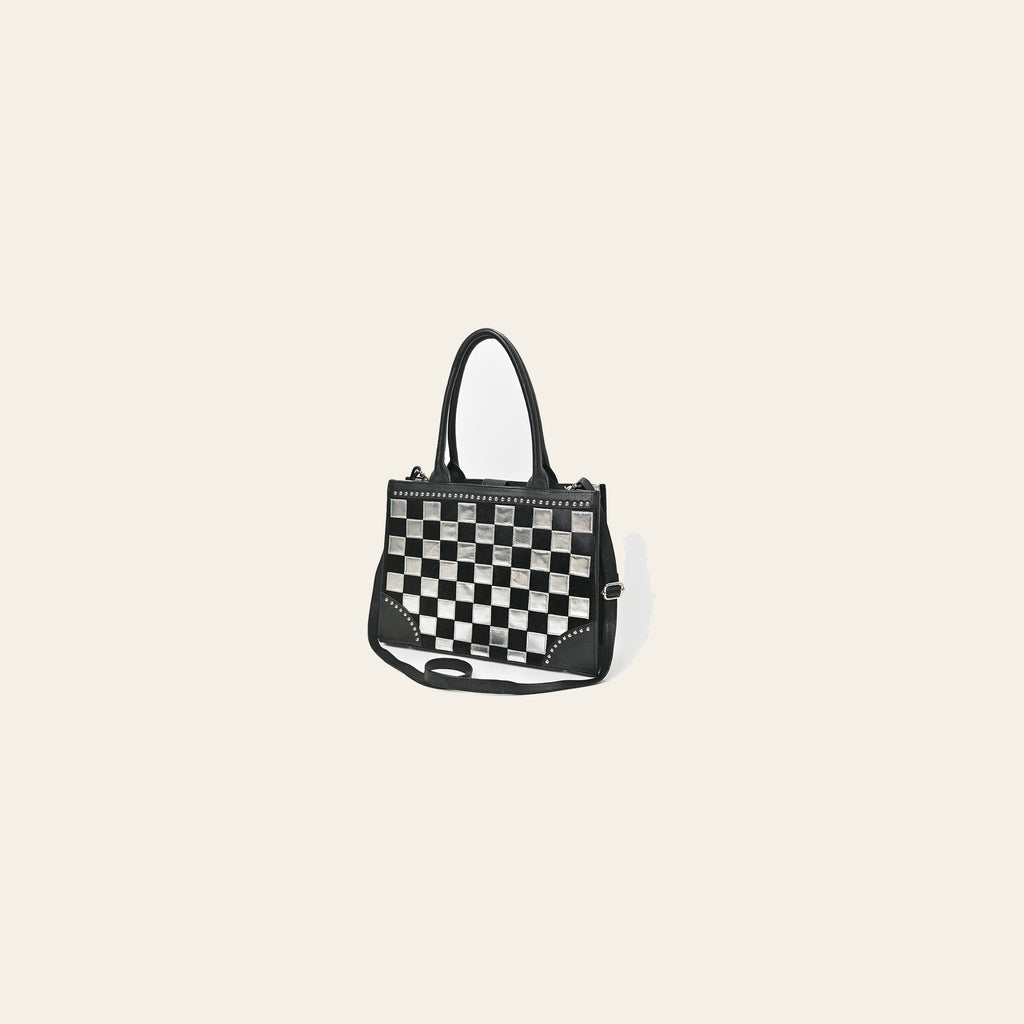 American Darling Black & Silver Checkered Leather Tote Bag with Studded Detail
