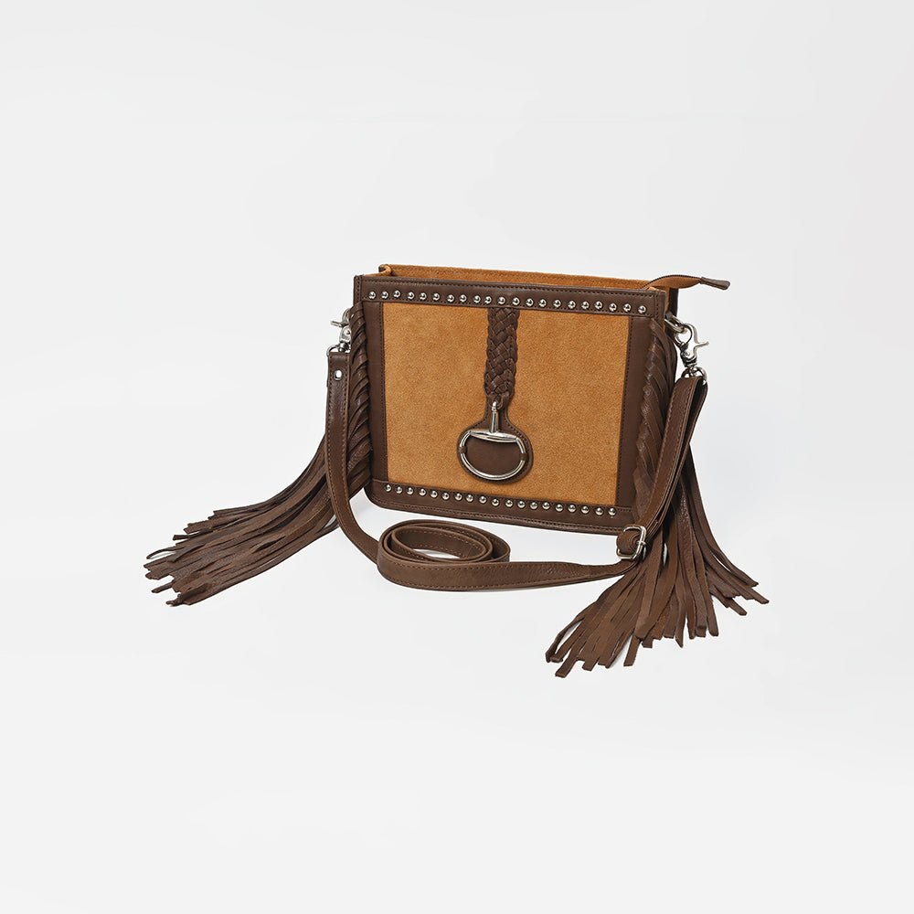 American Darling Western Suede Fringe Crossbody Bag for Women, Studded Leather Purse with Horse Bit Accent