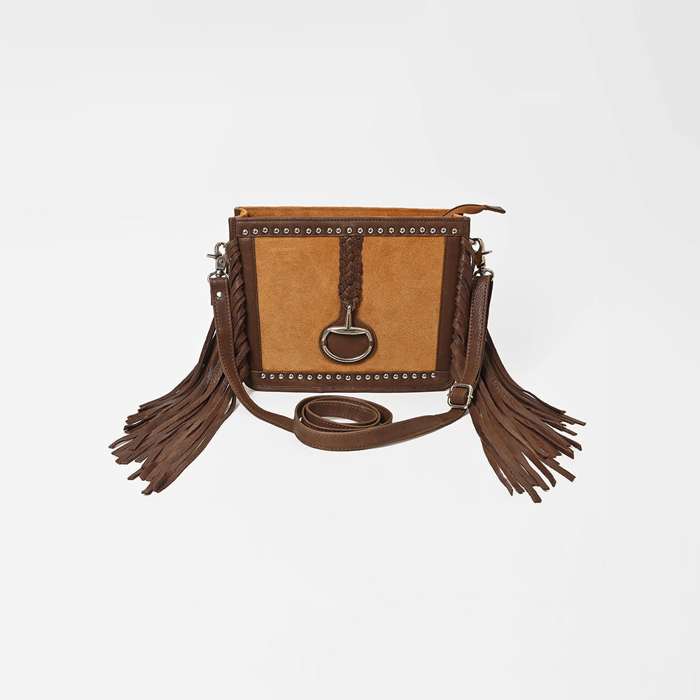 American Darling Western Suede Fringe Crossbody Bag for Women, Studded Leather Purse with Horse Bit Accent