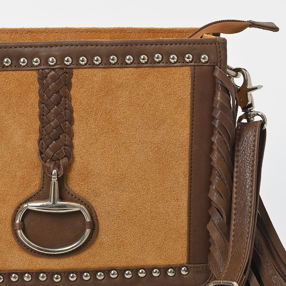 American Darling Western Suede Fringe Crossbody Bag for Women, Studded Leather Purse with Horse Bit Accent