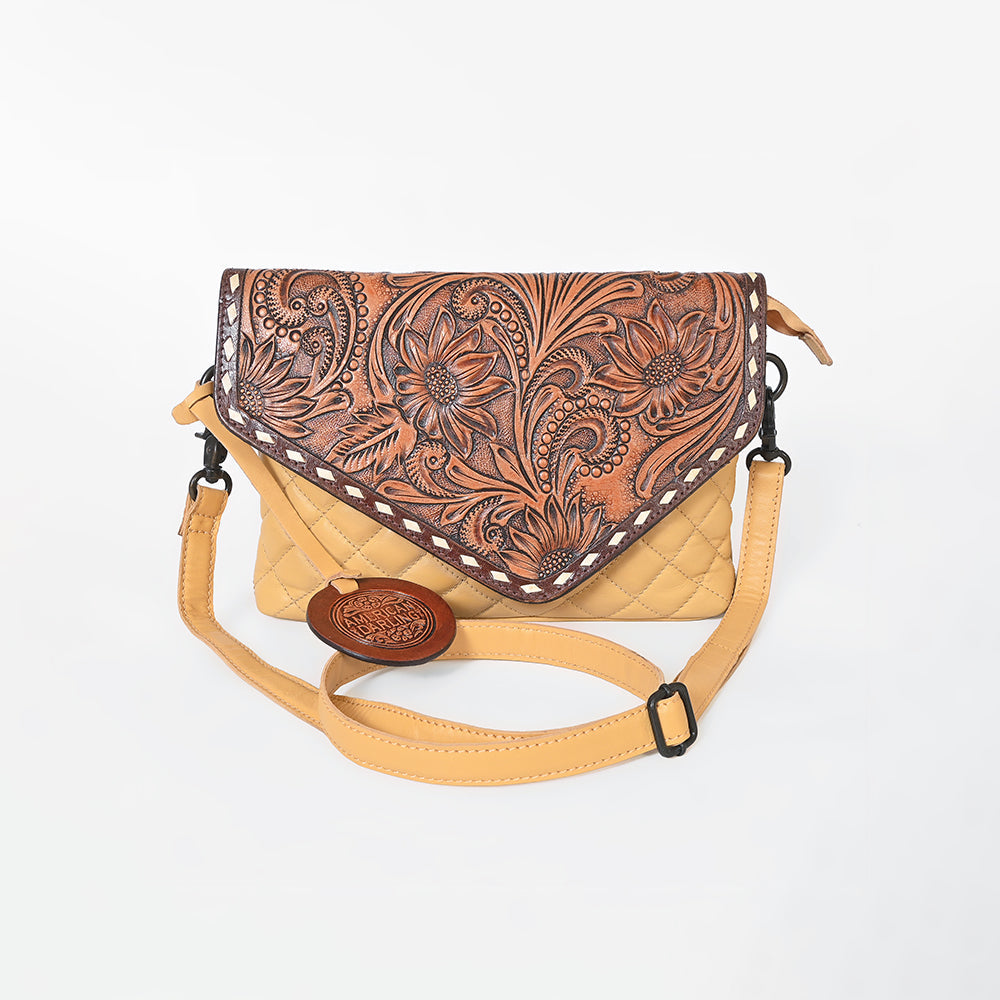 American Darling Yellow Leather Quilted Hand Tooled Flap Crossbody Bag