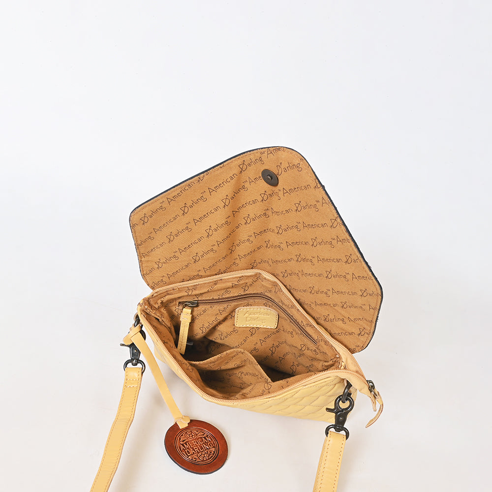 American Darling Yellow Leather Quilted Hand Tooled Flap Crossbody Bag