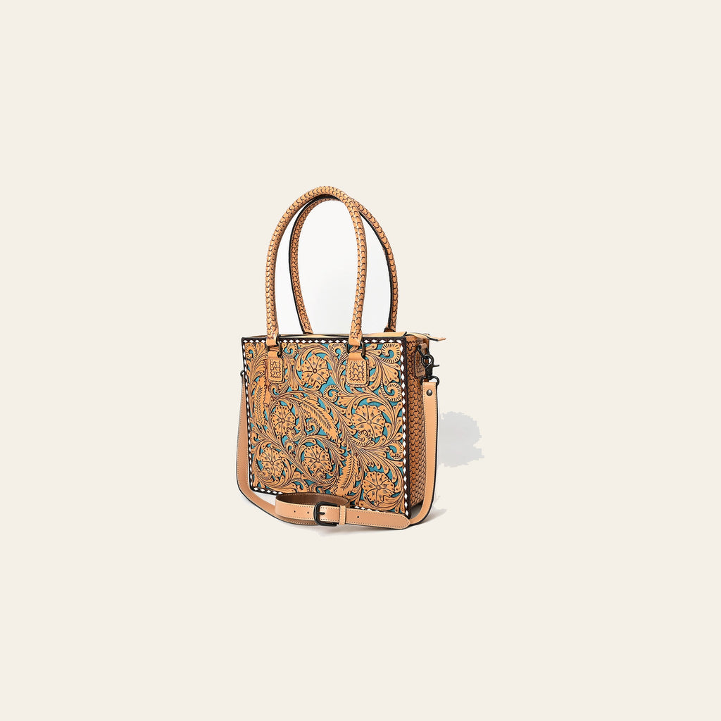 American Darling Hand Tooled Leather Tote Bag Turquoise Painted Floral Full Grain