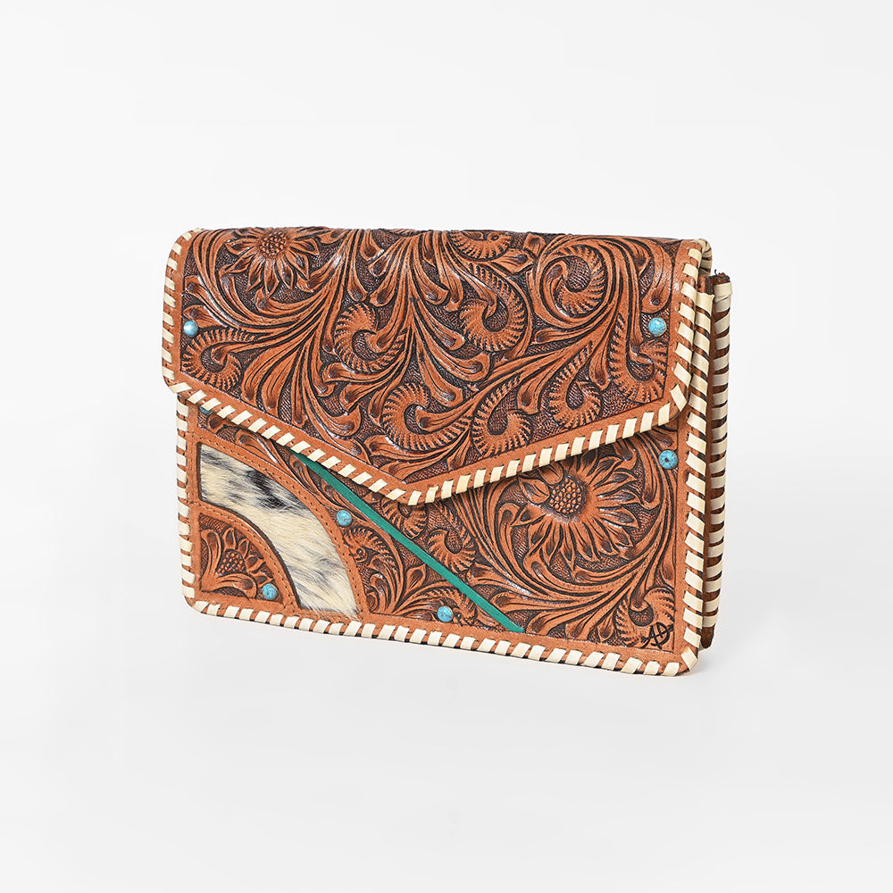 American Darling Tooled Leather Clutch Wallet for Women, Hair-On Hide Western Organizer with Whipstitch Detail