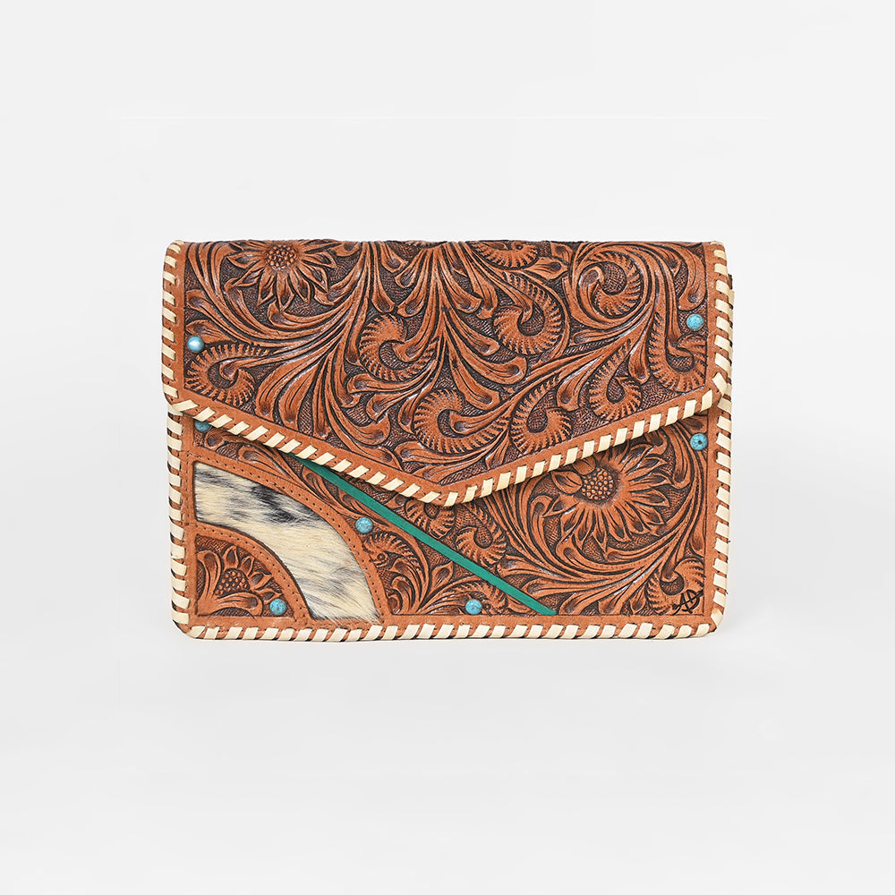 American Darling Tooled Leather Clutch Wallet for Women, Hair-On Hide Western Organizer with Whipstitch Detail