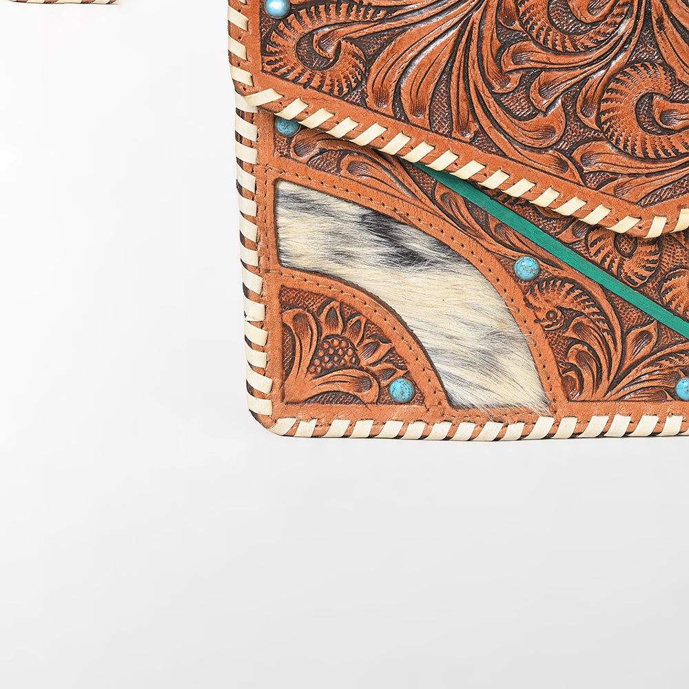 American Darling Tooled Leather Clutch Wallet for Women, Hair-On Hide Western Organizer with Whipstitch Detail