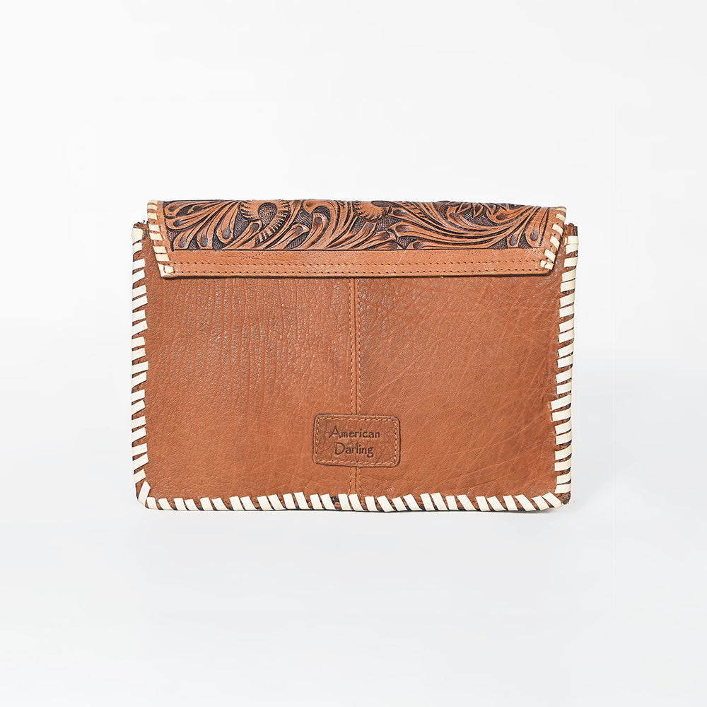 American Darling Tooled Leather Clutch Wallet for Women, Hair-On Hide Western Organizer with Whipstitch Detail