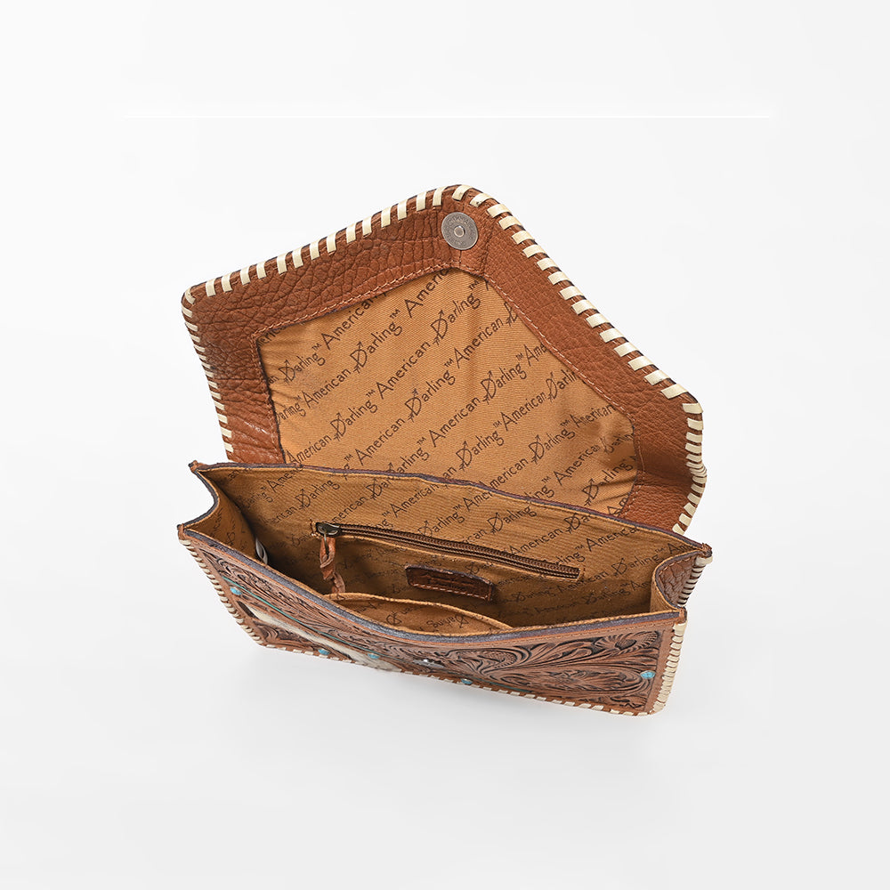 American Darling Tooled Leather Clutch Wallet for Women, Hair-On Hide Western Organizer with Whipstitch Detail
