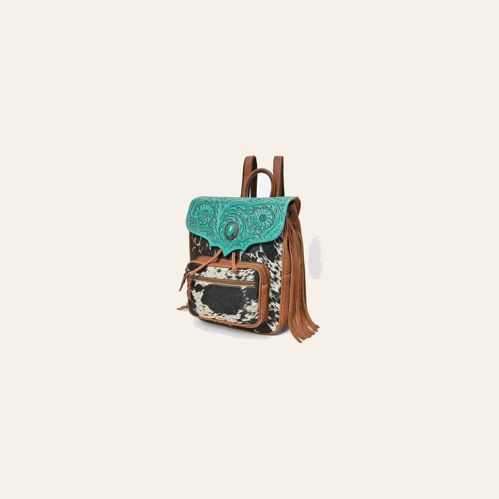 American Darling Western Cowhide & Turquoise Tooled Leather Fringe Backpack