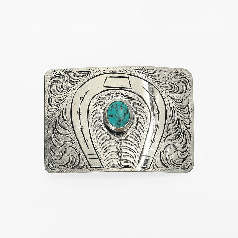 American Darling Western Horseshoe Belt Buckle with Faux Turquoise Stone – Engraved Silver Tone Cowboy Buckle