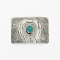 American Darling Western Horseshoe Belt Buckle with Faux Turquoise Stone – Engraved Silver Tone Cowboy Buckle