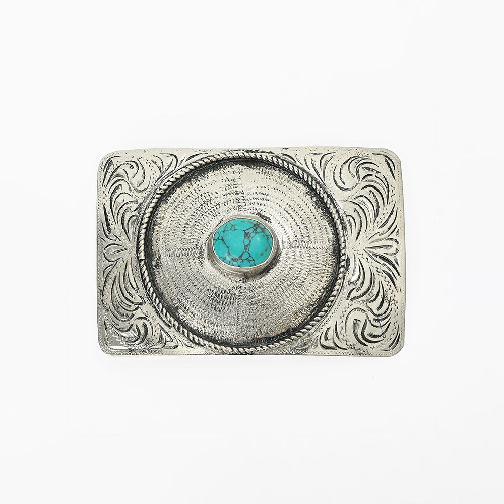 American Darling Western Engraved Sunburst Belt Buckle with Turquoise Stone – Antique Silver Tone Cowboy Buckle