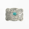 American Darling Western Scalloped Edge Floral Engraved Belt Buckle with Turquoise Stone – Antique Silver Tone Cowboy Buckle