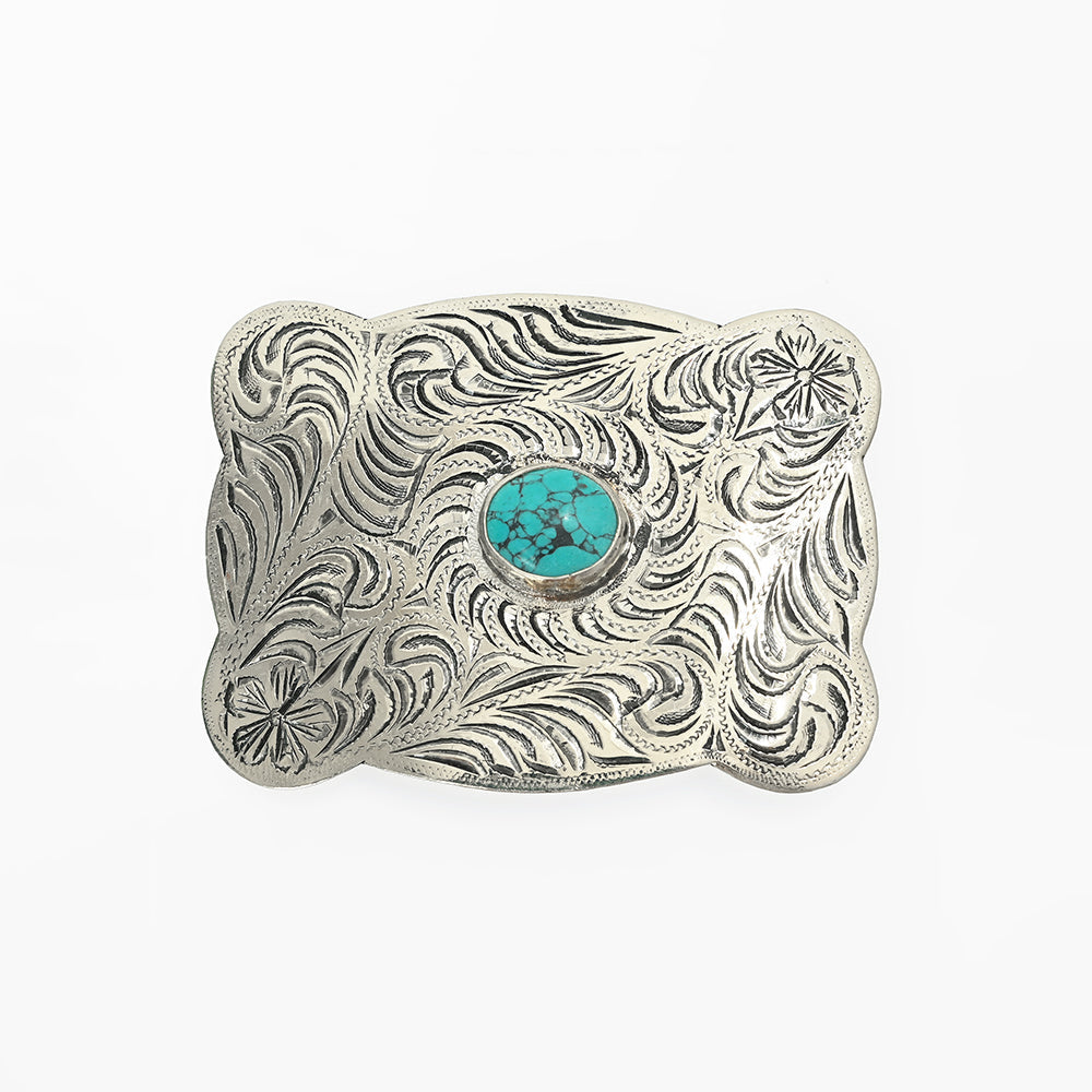 American Darling Western Scalloped Edge Floral Engraved Belt Buckle with Turquoise Stone – Antique Silver Tone Cowboy Buckle
