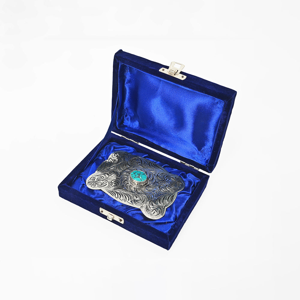 American Darling Western Scalloped Edge Floral Engraved Belt Buckle with Turquoise Stone – Antique Silver Tone Cowboy Buckle
