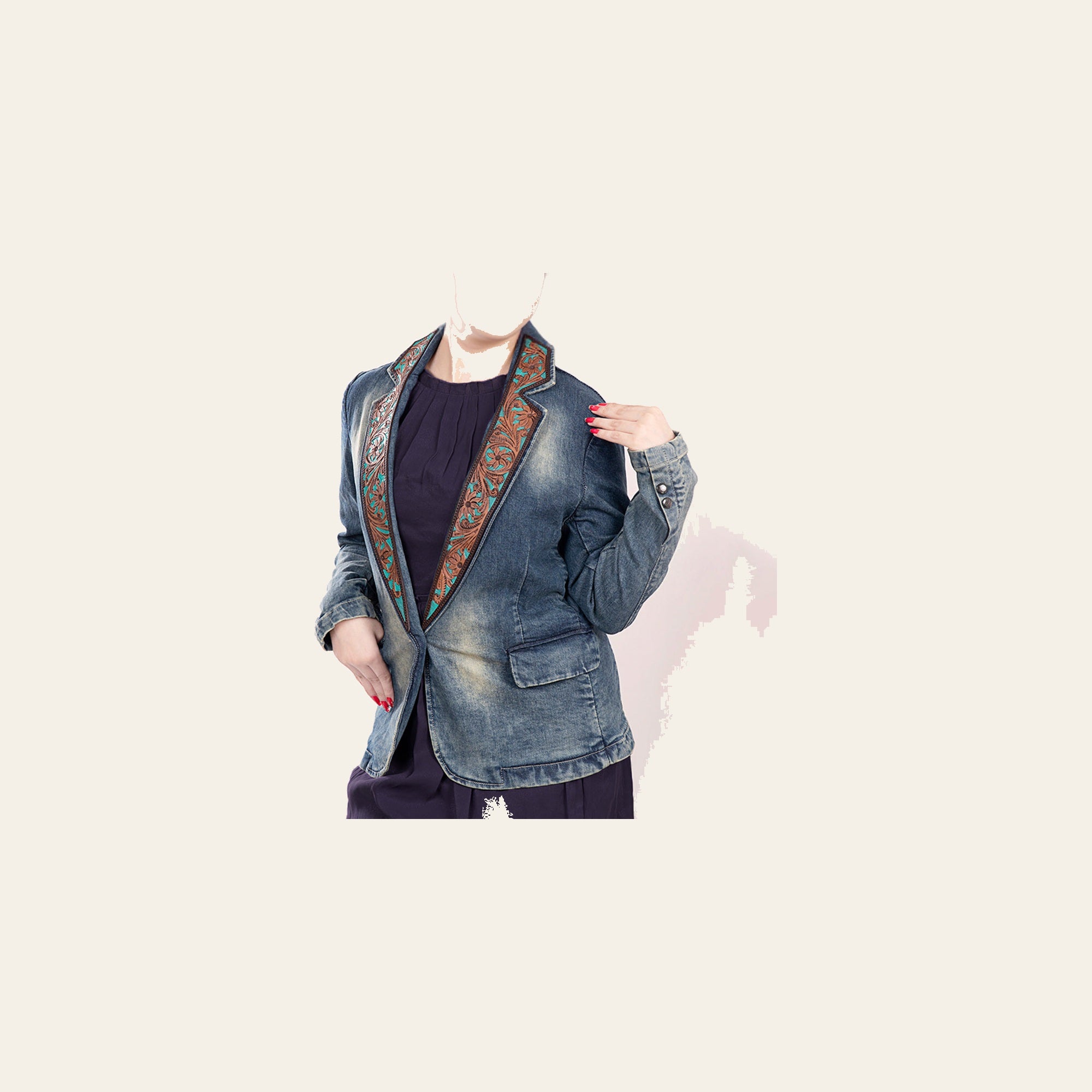 American Darling Genuine leather Hand tooled carved Women 100% cotton Denim Blazer dress jacket | Vintage