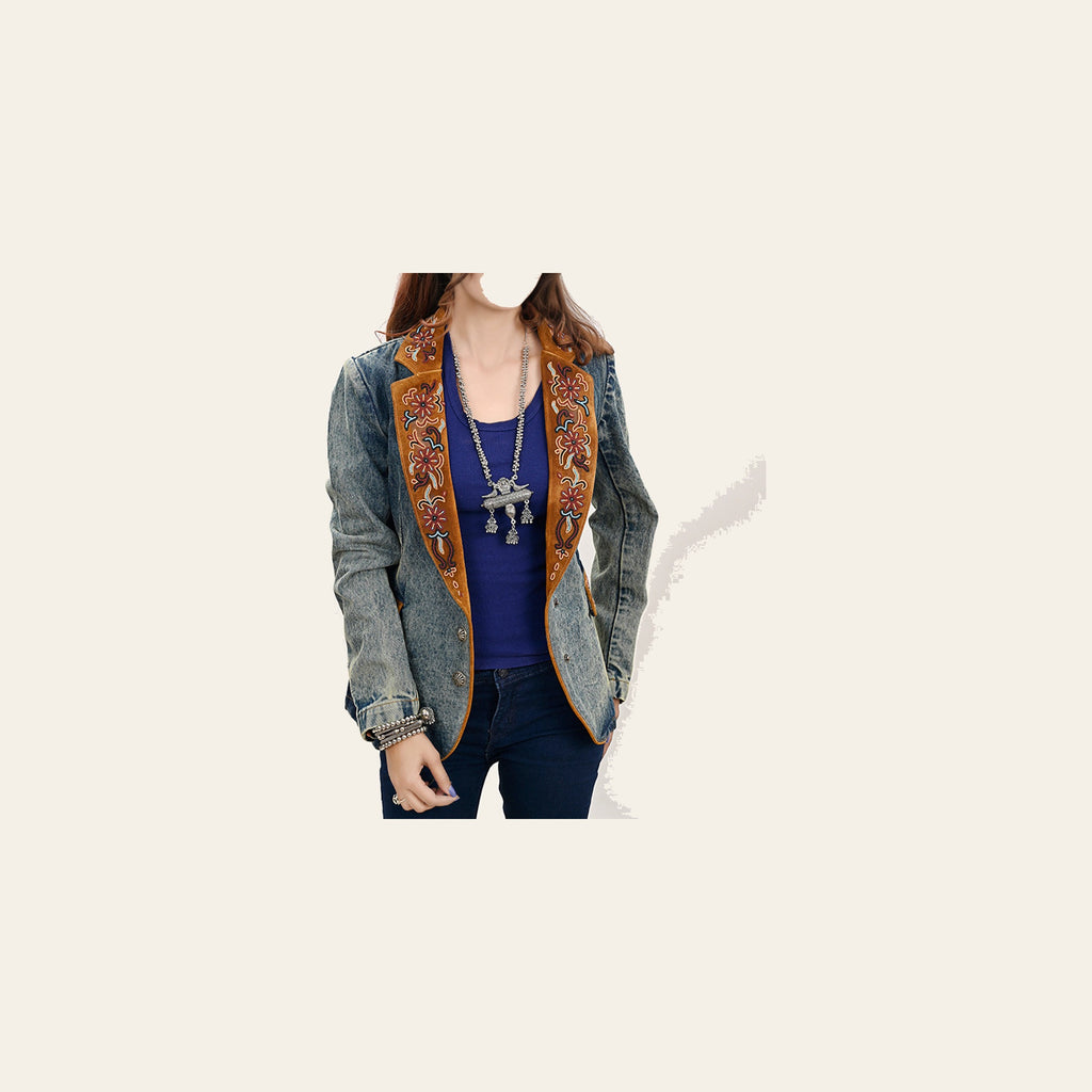 American Darling Genuine leather Hand tooled carved Women 100% cotton Denim Blazer dress jacket | Vintage