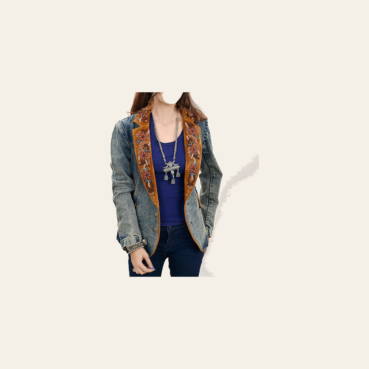 American Darling Genuine leather Hand tooled carved Women 100% cotton Denim Blazer dress jacket | Vintage