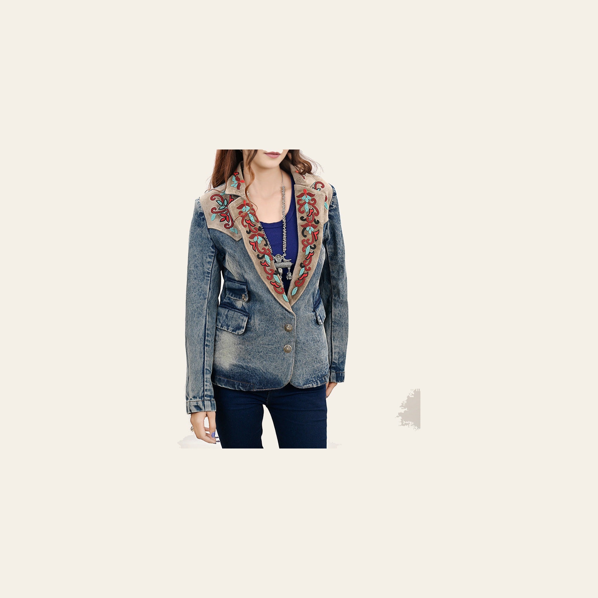 American Darling Genuine leather Hand tooled carved Women 100% cotton Denim Blazer dress jacket | Vintage