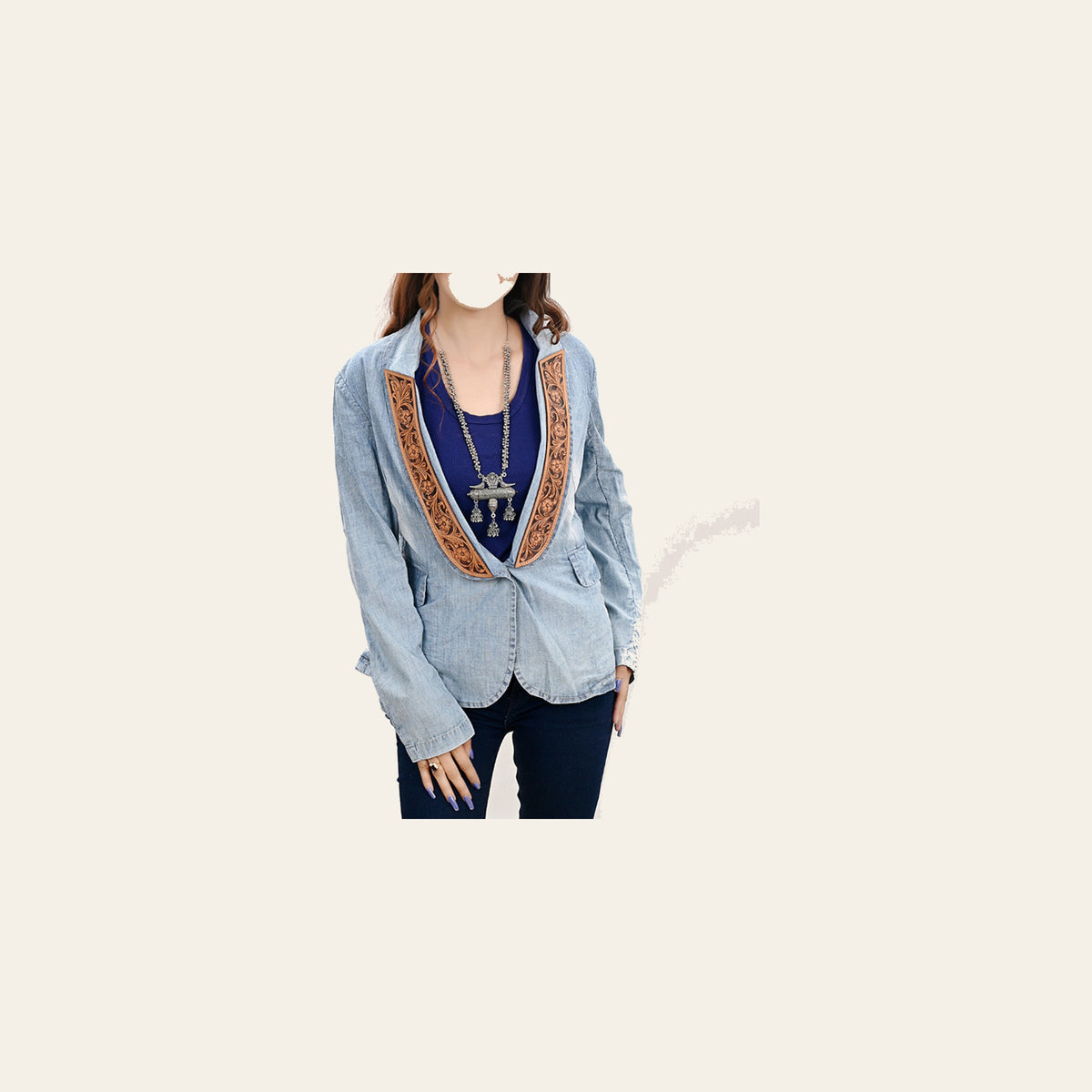 American Darling Genuine leather Hand tooled carved Women 100% cotton Denim Blazer dress jacket ladies |Vintage