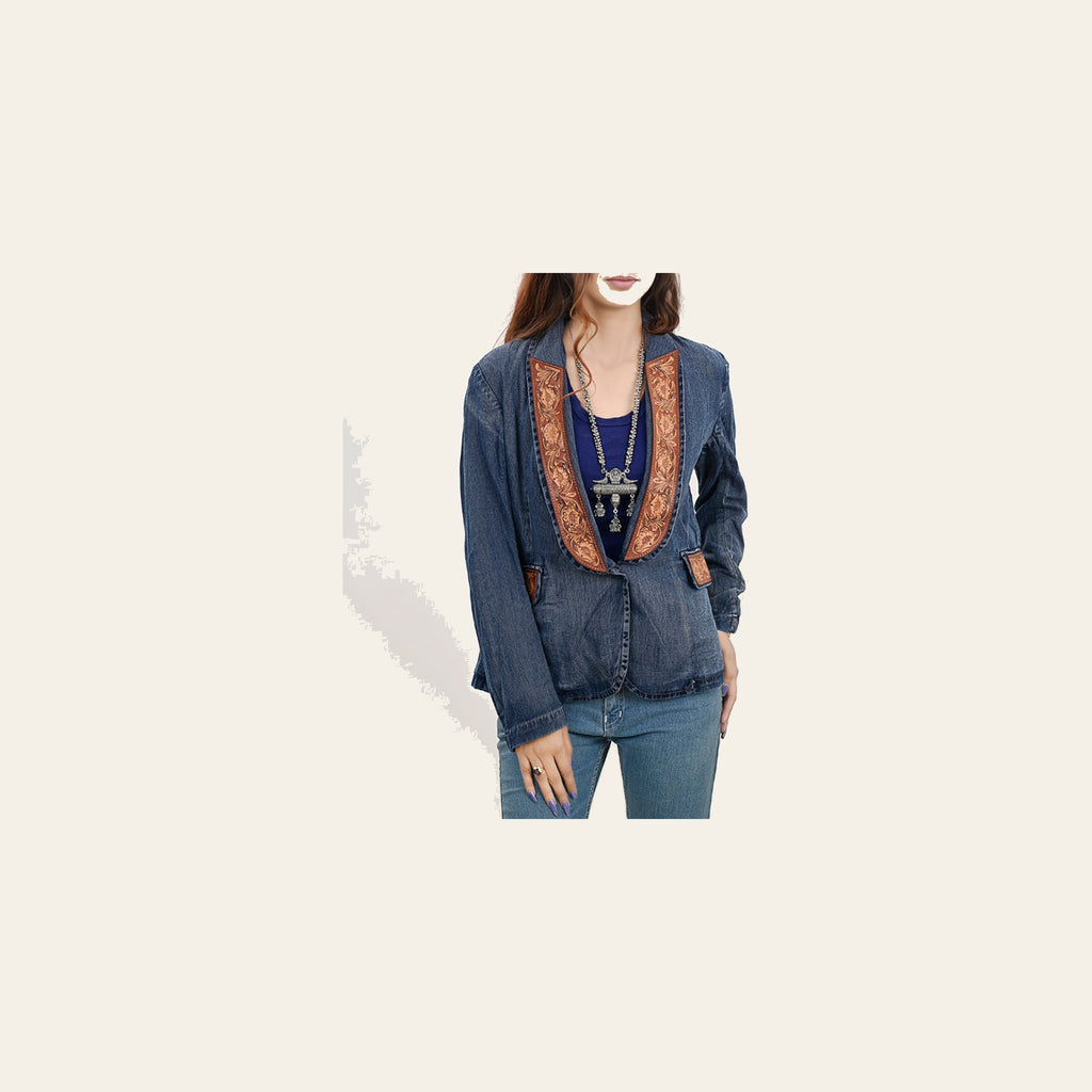 American Darling Genuine leather Hand tooled carved Women 100% cotton Denim Blazer dress jacket ladies |Vintage